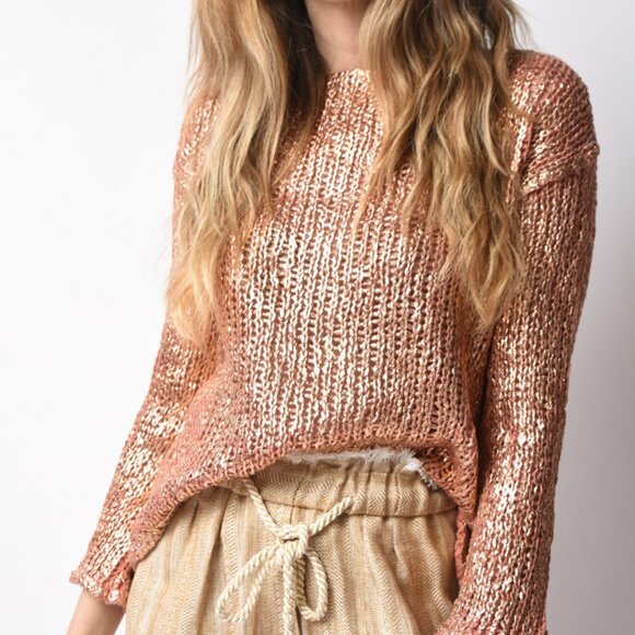 FORTE FORTE Laminated Crochet Sweater in Copper Brown - Picture 1 of 4